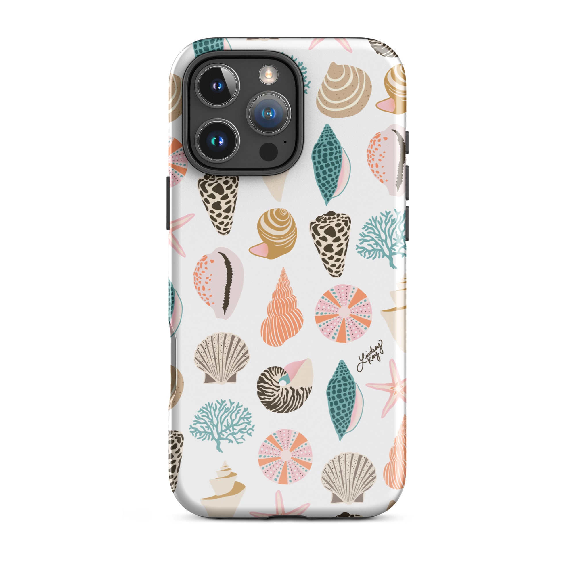 Cute and durable Phone case with a hand-drawn colorful tropical patterned seashell case, perfect for summer with a fun, girly, and trendy retro vibe.